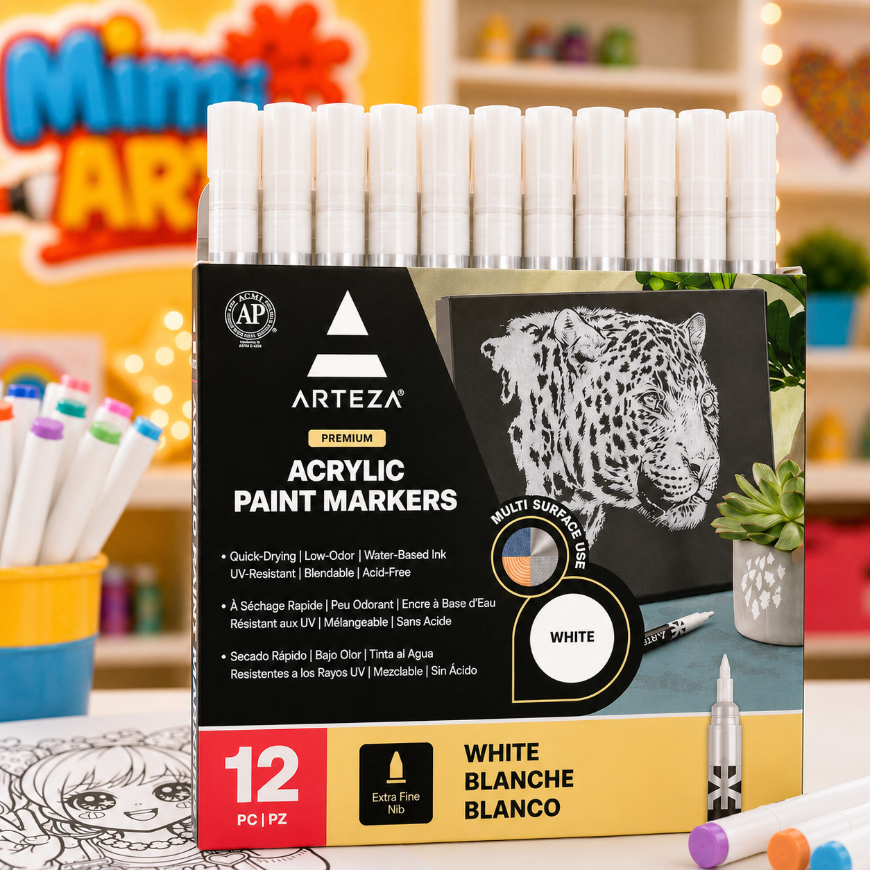 Box of Arteza acrylic paint markers with a leopard illustration on the packaging.