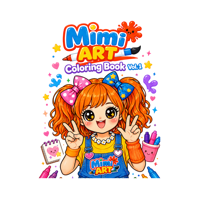 Cover of 'Mimi Art Coloring Book vol. 1' with a cartoon girl and colorful design elements.