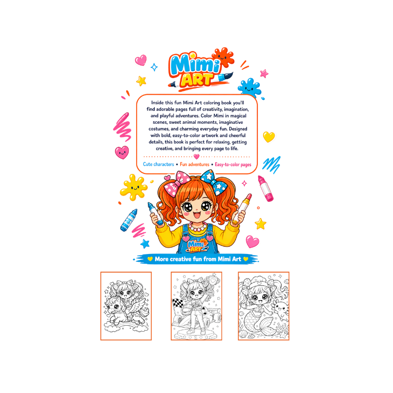 Coloring book with Mimi Art character and coloring pages on a white background