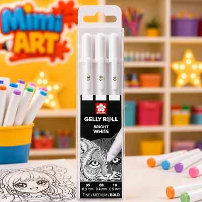 Pack of Gelly Roll pens with a colorful background featuring art supplies and 'Mimi Art' branding.